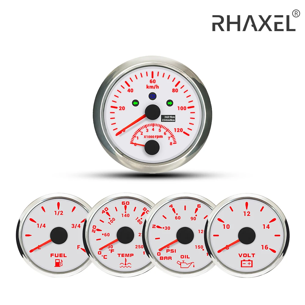 RHAXEL 5 Gauge Kit Speedometer GPS Gauge with Tachometer 8000RPM Water Temp Oil Pressure Fuel Level 12V Voltmeter Universal