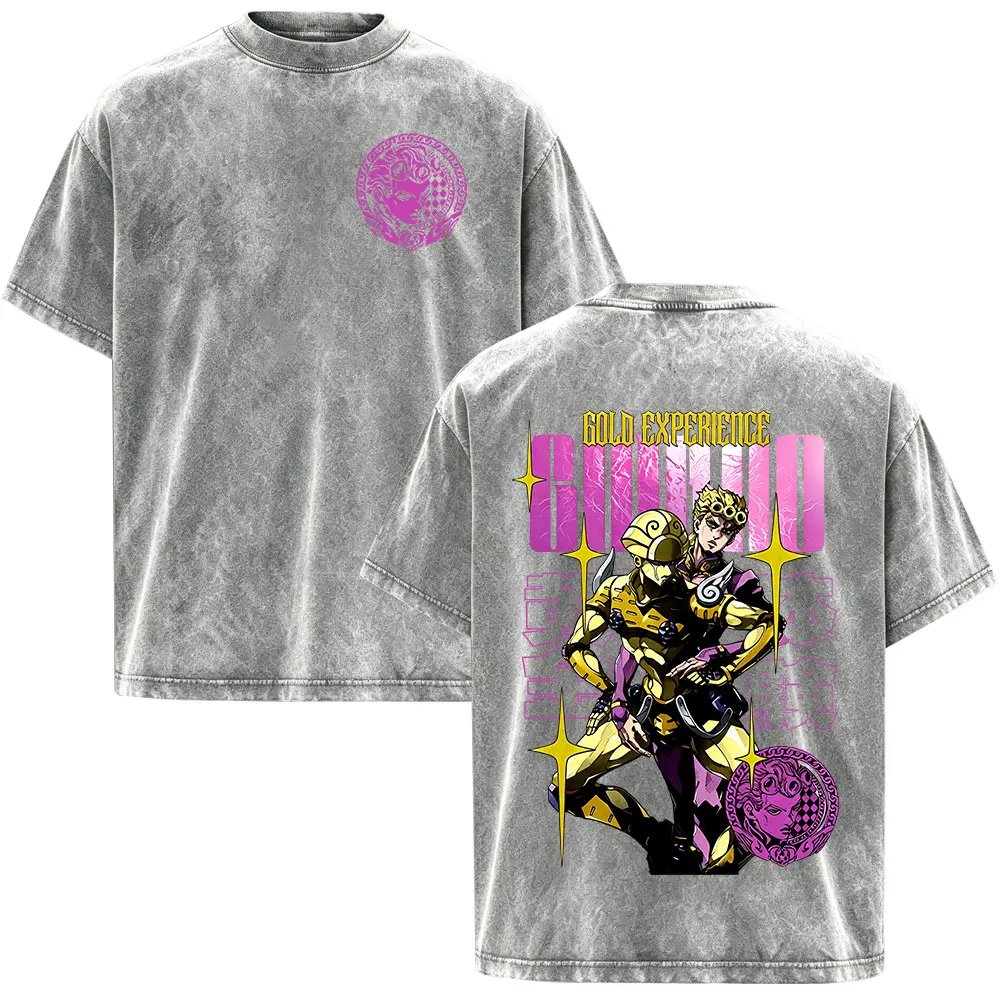 Anime Jojo Bizarre Adventure Giorno Giovanna Gold Experience Vintage Acid Washed T Shirts Men Women Casual Short Sleeves T-shirt
