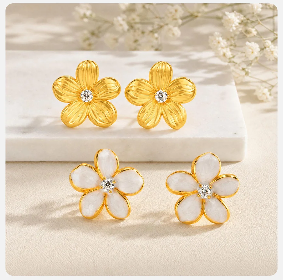 Vnox Trendige Niedliche Blumen-Emaille-Zirkonia-Ohrstecker für Frauen, Vergoldete Übertriebene Blumenohrringe, Alltags- und Party-Schmuck – Detail 6