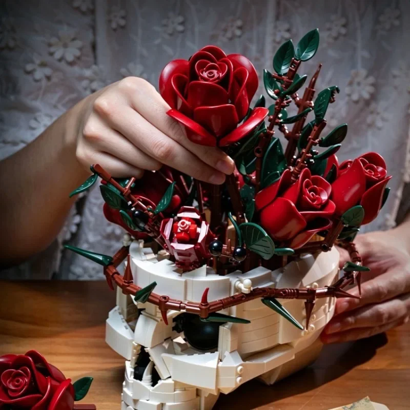 MOC Gothic Skull Rose Building Blocks Skeleton Hand Bouquet Model Halloween Dark Aesthetic DIY Bricks Art Collectible Gift