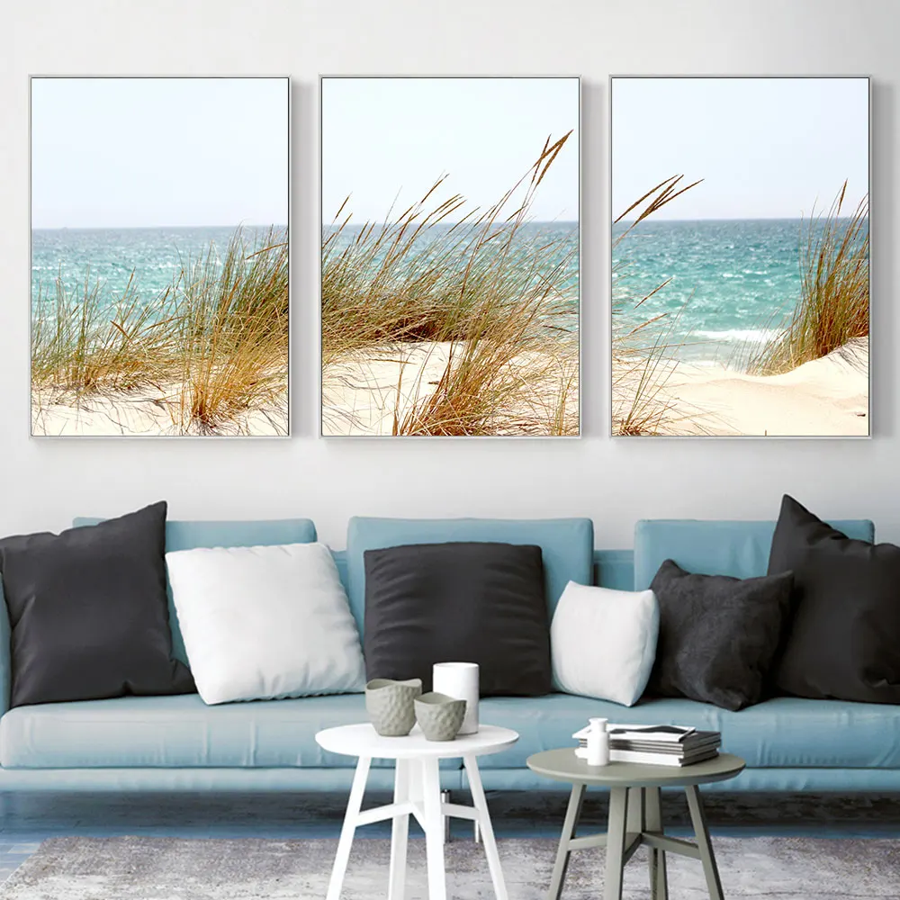 Dog Tail Grass Sea Beach Canvas Painting Nature Seascape Posters And Prints Set 3 of Wall Art Pictures For Room Decor Frameless