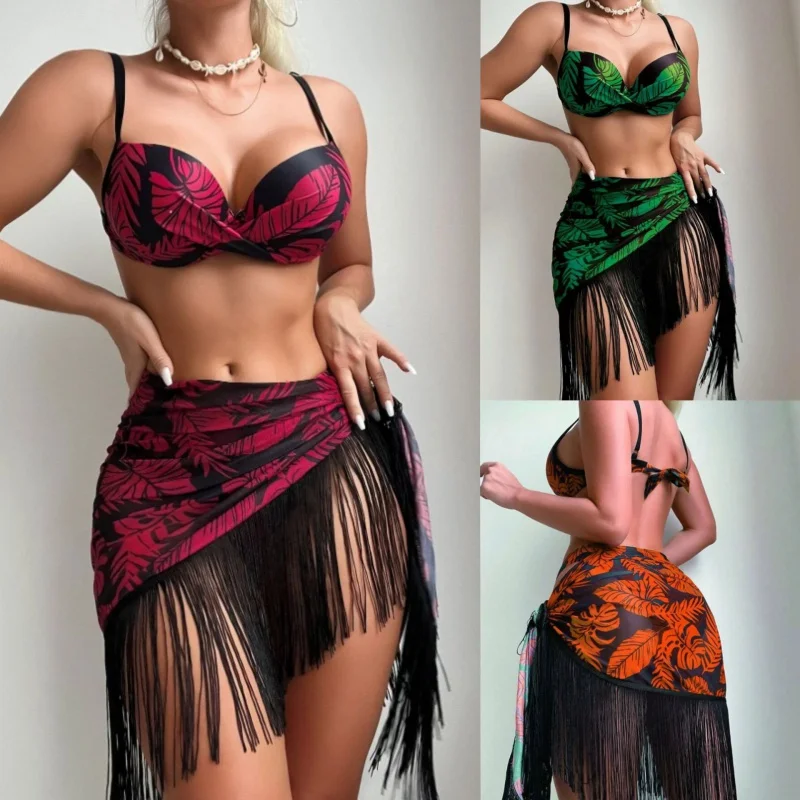 

2024New Three-Piece Set Sexy Swimsuit Sexy Push-up Printed Tassel Dress Swimsuit