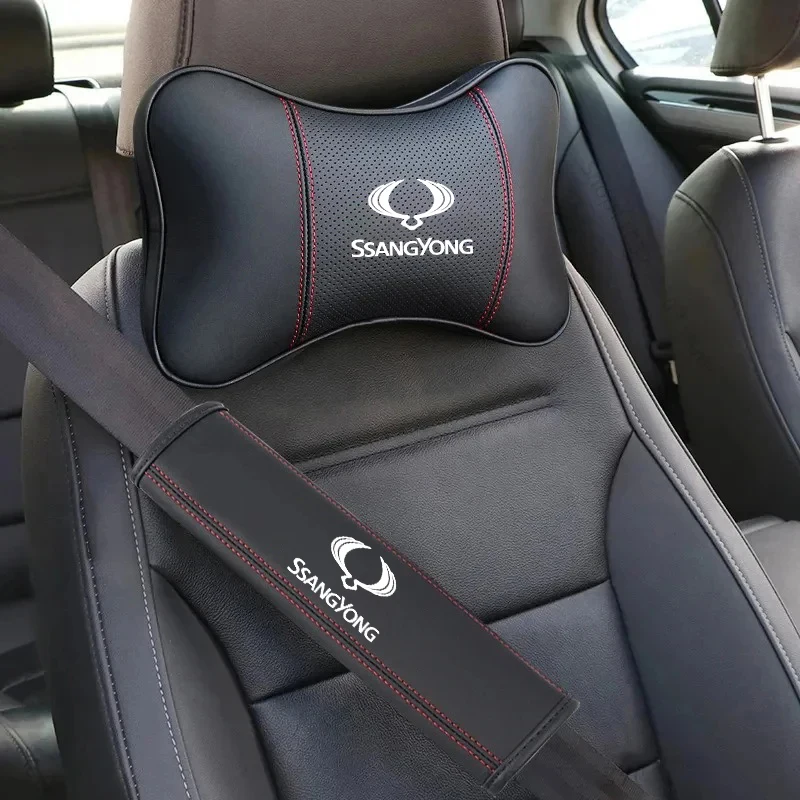 For Ssangyong Kyron Rexton Korando Actyon Car Accessories Car Soft Leather Neck Headrest Pillow Seat Belt Protector Pad