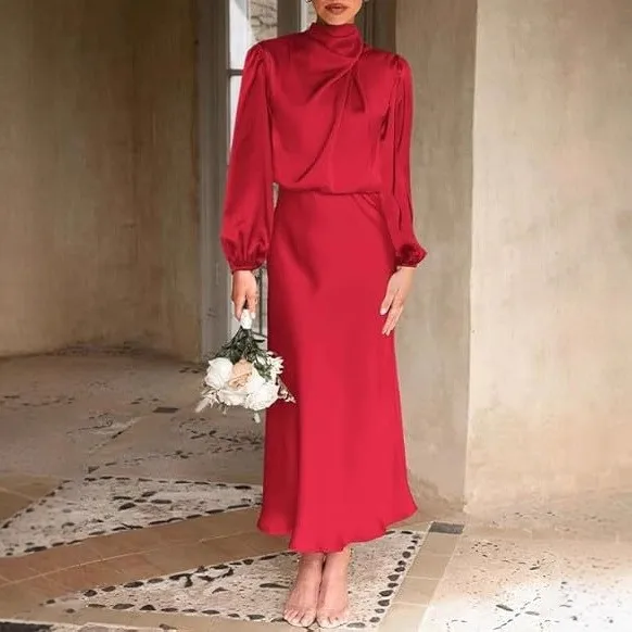 Women's Elegant Satin Long Lantern Sleeve High Waist Pleated Midi Pencil Dress for Wedding Guest Party Prom Wedding Party