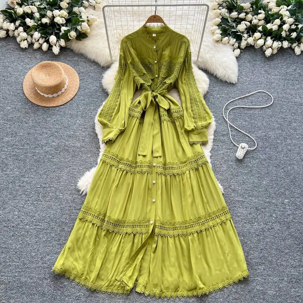 Abito sexy con bottoni cavi a fiori con gancio a maniche lunghe Chic Vintage Evening Party Club Abiti lunghi da spiaggia estivi chic da donna