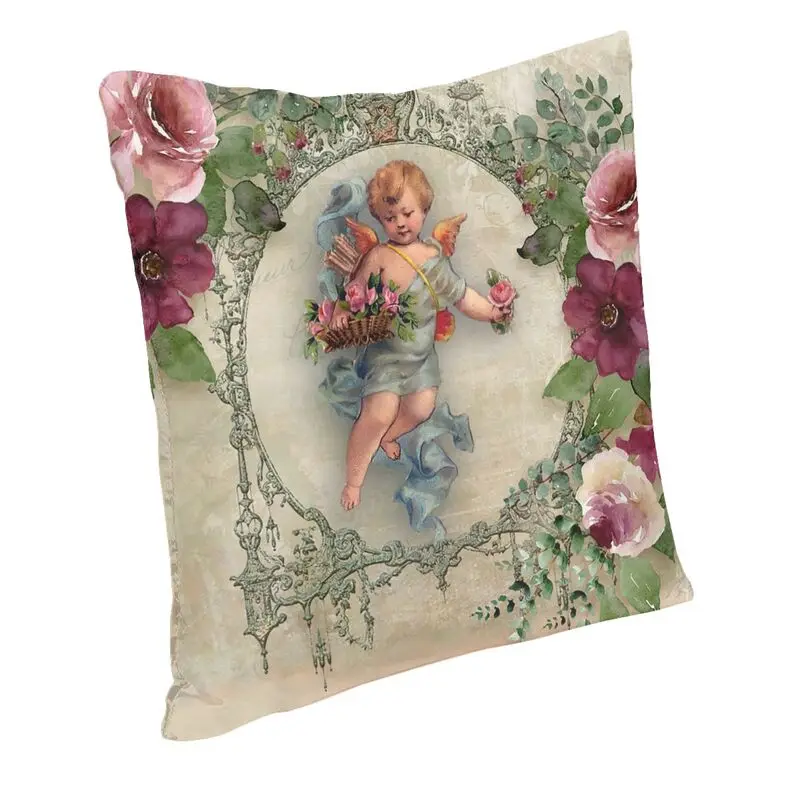 Victorian Angel Print With Vintage Rose Bouquets Shabby Chic Pillow Case 45x45cm Sofa Luxury Cushion Cover Velvet Pillowcase