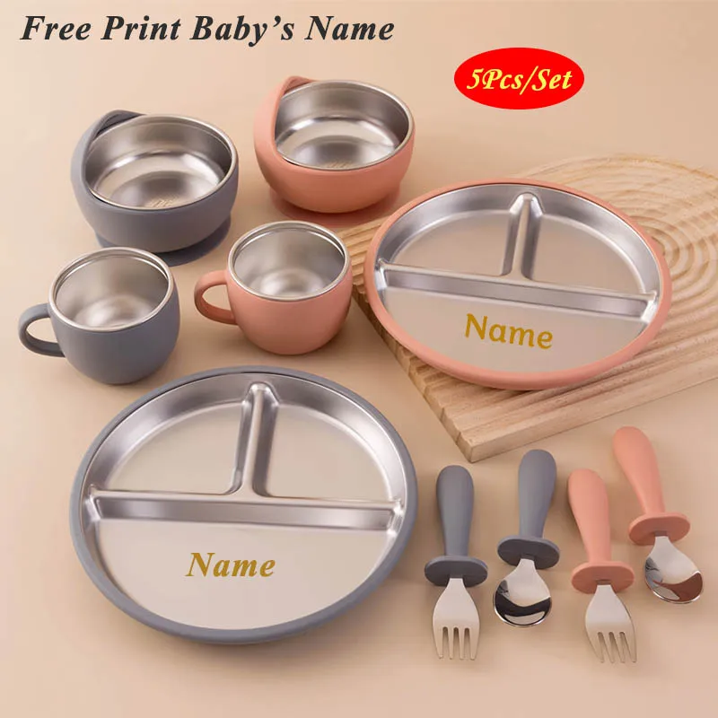 5PCS Stainless Steel Dishes Plate Baby Feeding Set With Detachable Silicone Sucker Bowl BPA Free Tableware Personalized Name