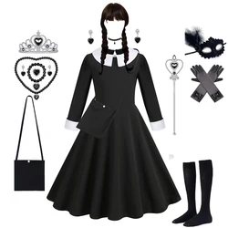 W-Wednesday Addams Costume Girl Dress for Girls Black Dress Halloween