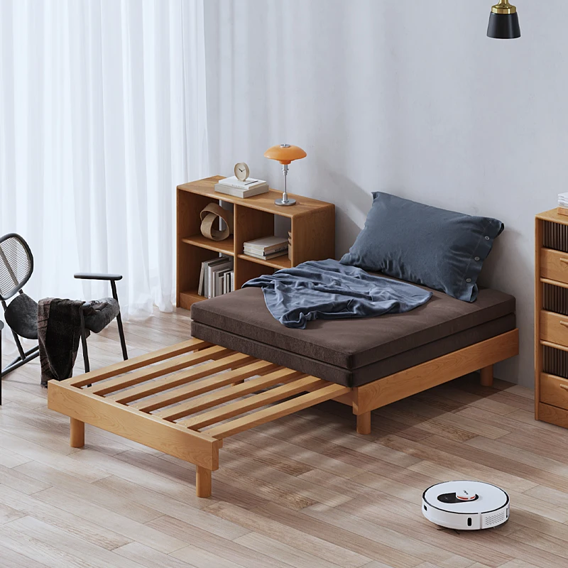 

All solid wood sofa bed, oak modern simple pull-out small apartment folding tatami single bed 1 meter folding bed