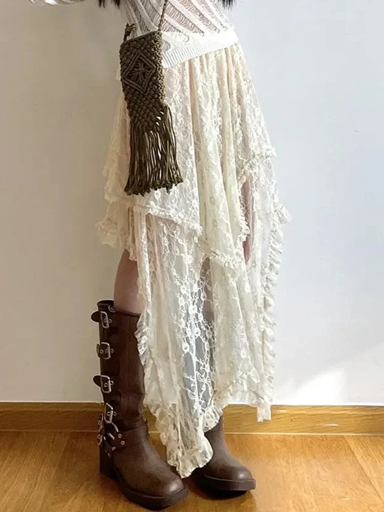 Jupe asymétrique en dentelle Fairycore pour femmes, Vintage Y2K Boho, mode esthétique, taille haute, mi-jupe de vacances en maille, jupe trapèze