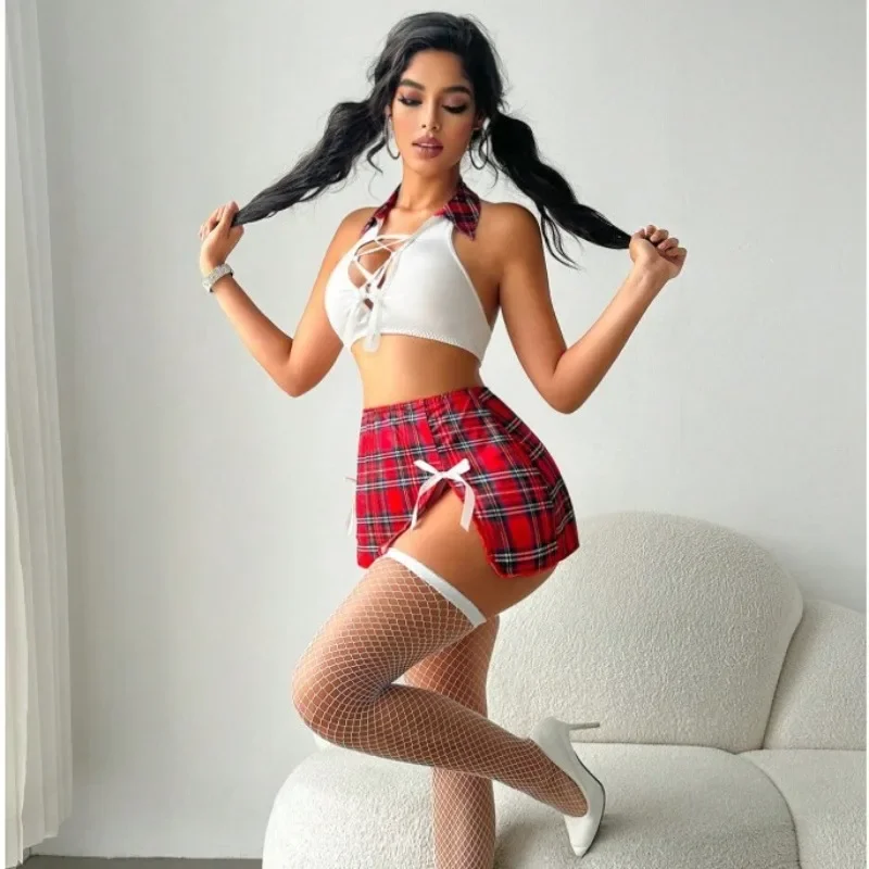 Sexy Schoolgirl Costume Sets White Lace Up Crop Top Red Plaid Mini Skirt With Bowknot Pure Desire Charming Skirt Sets Sweet 3KHF