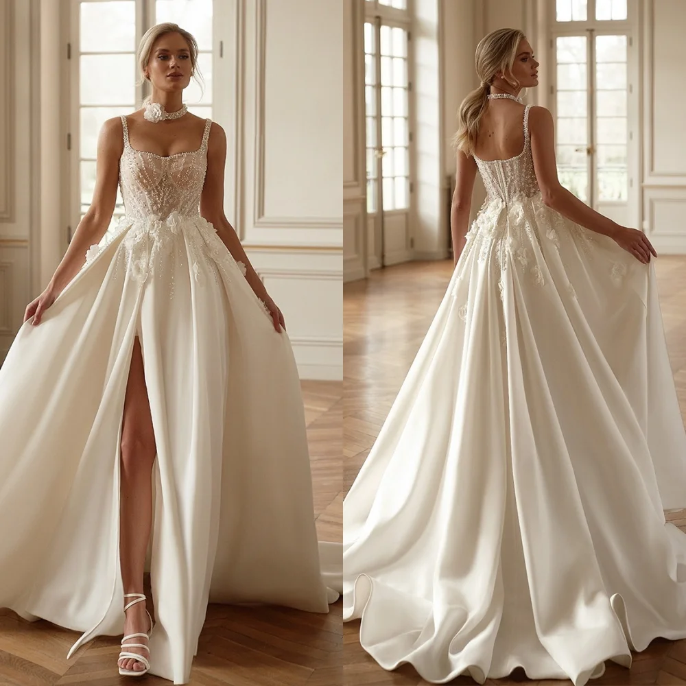 

Customized Elegant White Satin Bridal Gowns Luxury Straples Spaghetti Straps Wedding Dress Chapel Train Sequined Backless Dress