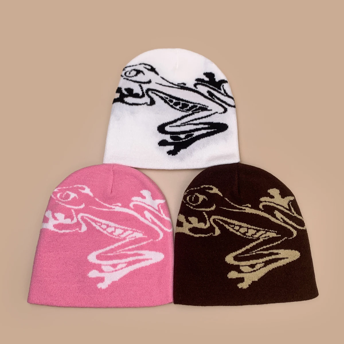 Niche Street Jacquard Jumping Frog Knitted Hats New Men Women Warm Personal Versatile American Color Block Fashion Retro Beanies