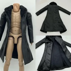Black 1/6 Scale Male Pu Leather Windbreaker Long Coat Furry Collar Lapel Clothes Model for 12in Action Figue Accessory