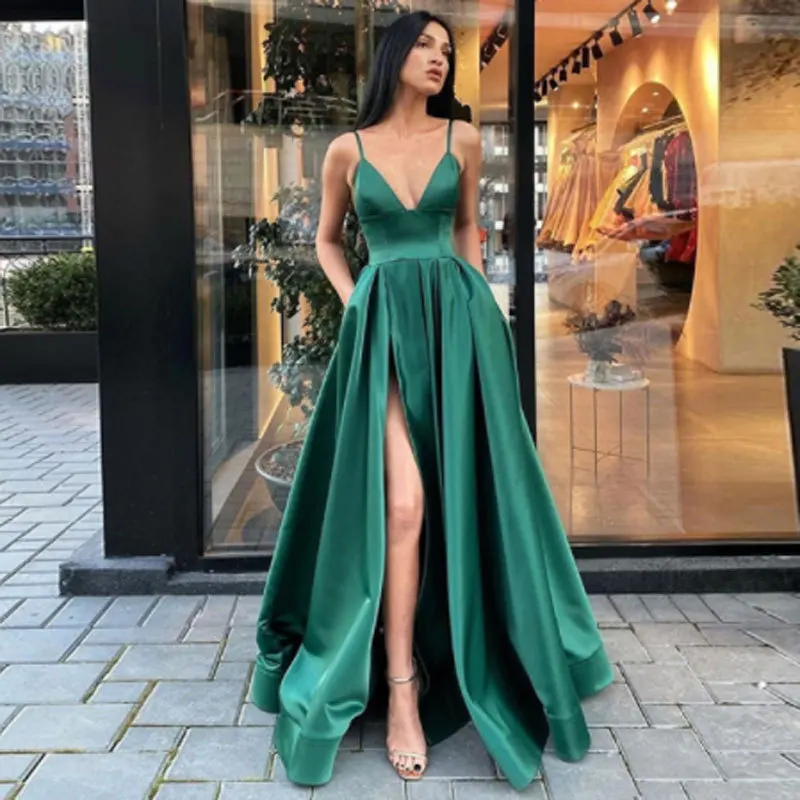 Customized A-Line Women Evening Dresses Spaghetti Straps V-Neck Side Slit Prom Party Gowns Vestido De Noche robes de soirée