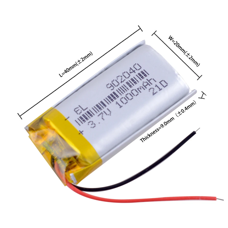 JST 1.25mm 2pin 902040 3.7V 1000mAh Lithium Polymer LiPo Rechargeable Battery
