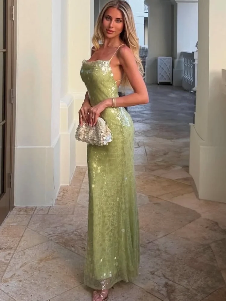 Lace Trim Square Neck Open Back Sequin Mermaid Maxi Dress Light Green Spaghetti Strap Sequin Dress Summer Gala Eye-Catching Gown