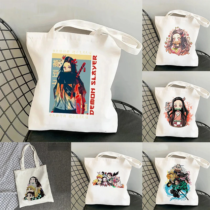 Cute Nezuko Kamado Printed Women Shoulder Bag Demon Slayer Shopping Bags Students Cartoon Canvas Handbag High Capacity Tote Bag