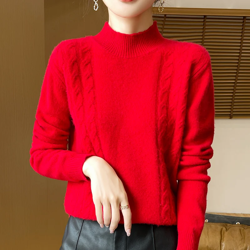 

100% Merino Wool Fashion Mock Neck Sweater Long Sleeves Solid Color Pullover Cashmere Soft Comfortable Warm Women's Clothing Top