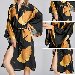 Female Black Long Robe Nightgown Sexy Print Ginkgo Leaf Kimono Bathrobe Gown Sleepwear Spring Summer Loose Satin Home Dress