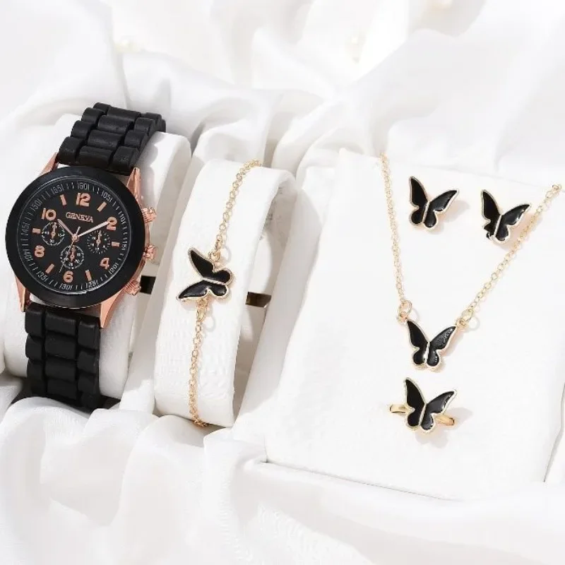 5PCS Set Luxury Watch Women Ring Necklace Earrings Rhinestone Fashion Wristwatch Female Casual Ladies Watches Bracelet Set Clock