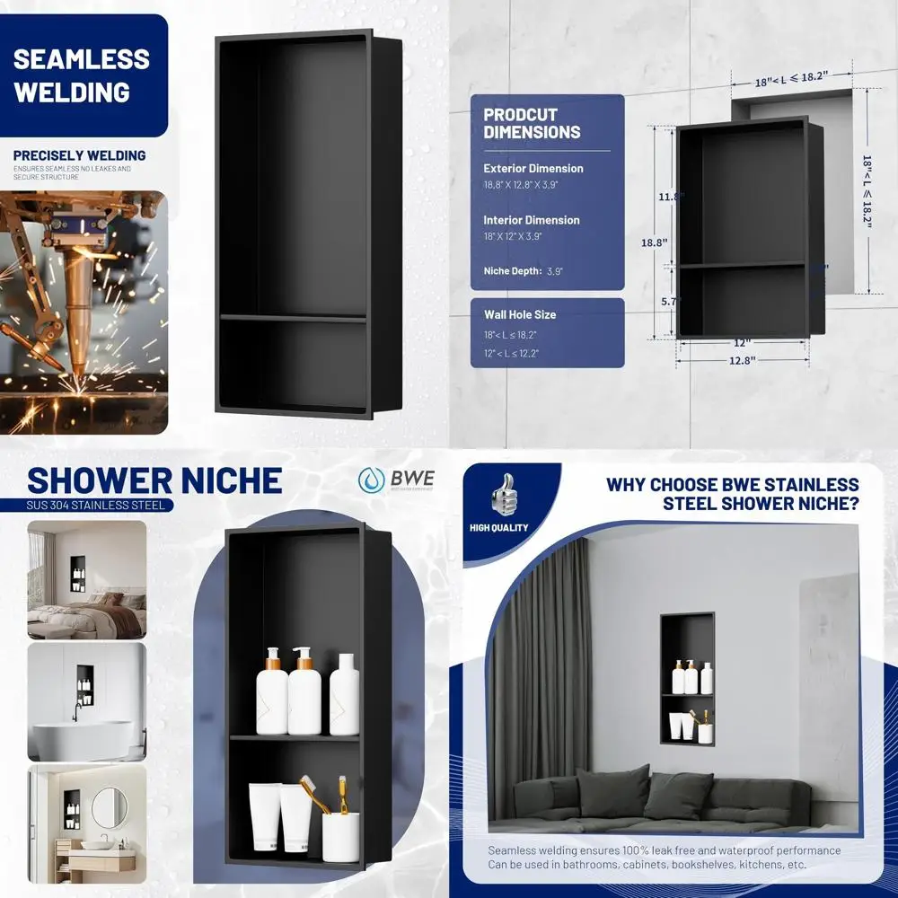 

13x19 Inch Matte Black Stainless Steel Shower Wall Niche with Double Shelves for Bathroom Storage