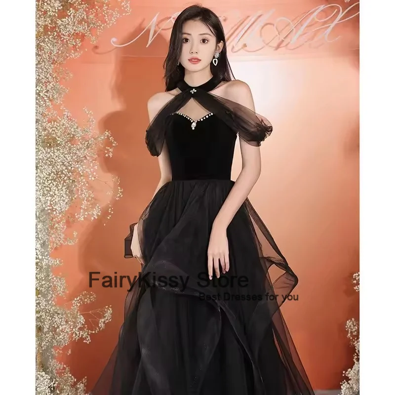 FairyKissy Neckholder, schulterfreies Abendkleid, sexy, trägerlos, Kristall-Pailletten, A-Linie, Kuchenkleid, Tüll, bodenlang, Partykleider