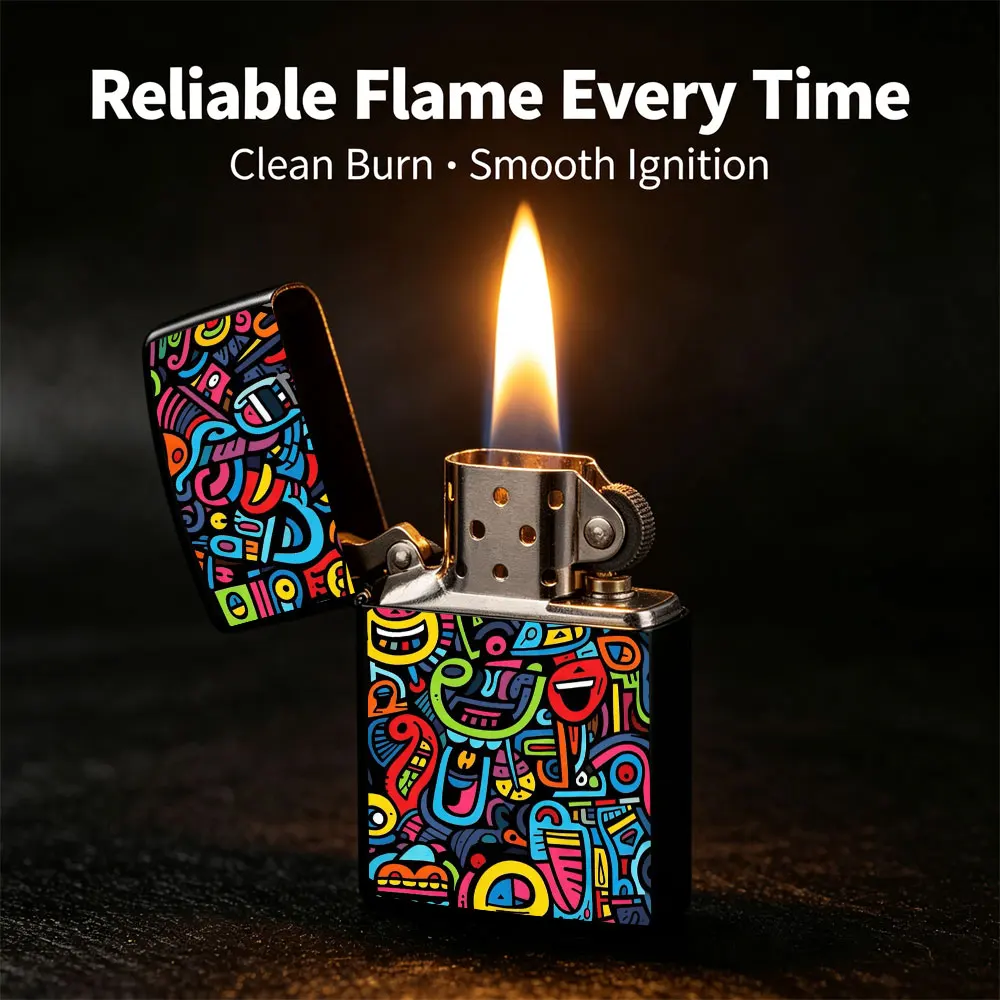 Pocket Lighter, Flip-Open Windproof Design, Colorful Geometric Pattern Print Metal Case, Comfortable Grip, Durable & Reliable