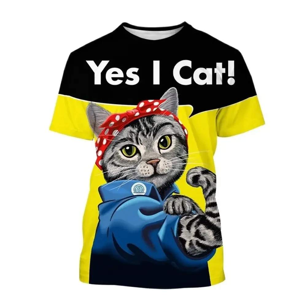 T-shirt engraçada de gato bonito estampado em 3D com animal, camiseta com decote em O, grande, manga curta, casual trend tops, moda verão, nova