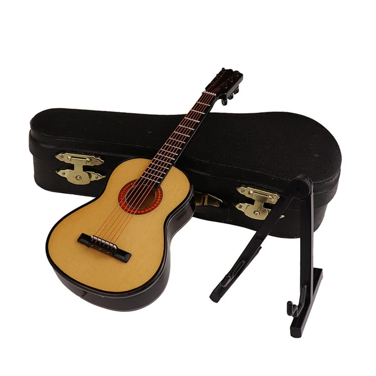 C-Wooden Miniature Guitar with Stand and Case Mini Musical Instrument Miniature Doll House Model Home Decoration