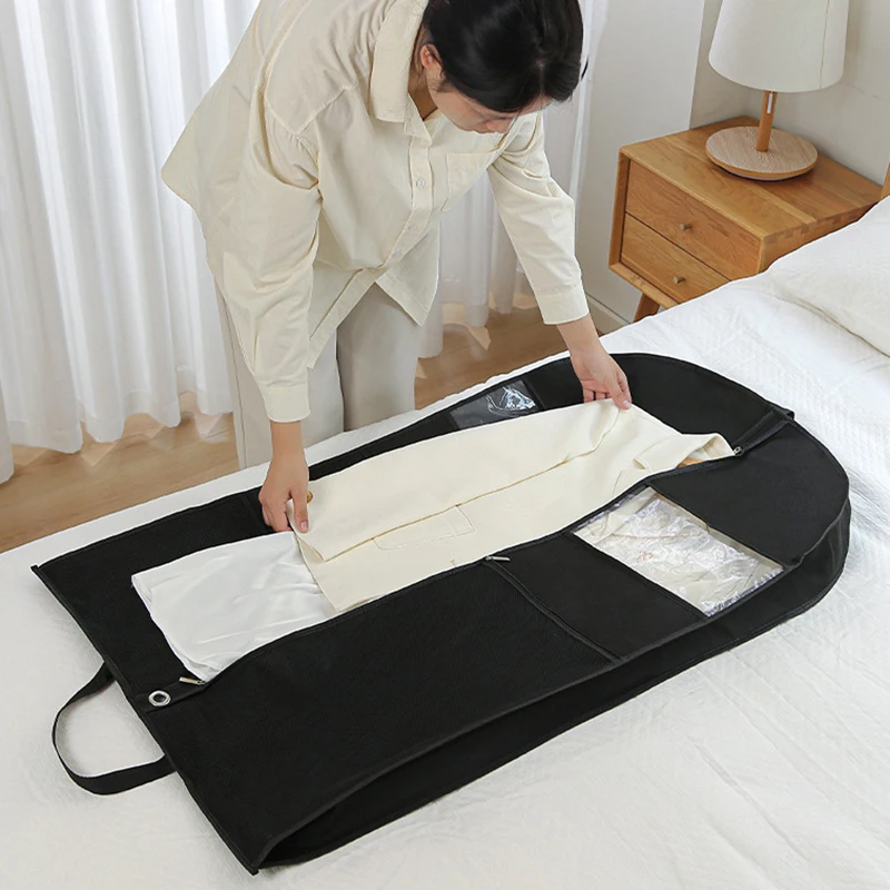 Borsa per indumenti da viaggio con copertura antipolvere per abbigliamento portatile con tasche in rete in tessuto traspirante con cerniera liscia