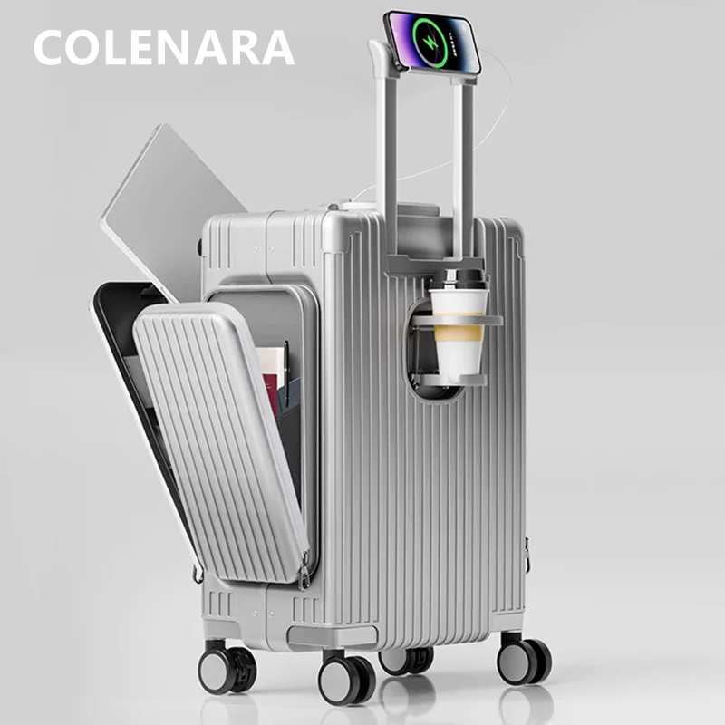 COLENARA USB Charging Suitcase Front Opening Boarding Box Aluminum Frame Trolley Case 20