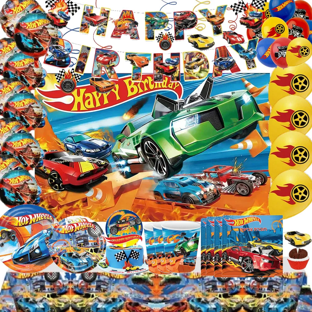 Hot wheels Birthday Party Supplies, Hot wheels Party Decorations Included Birthday banner Cake Topper backdrop Balloon Plate Cup