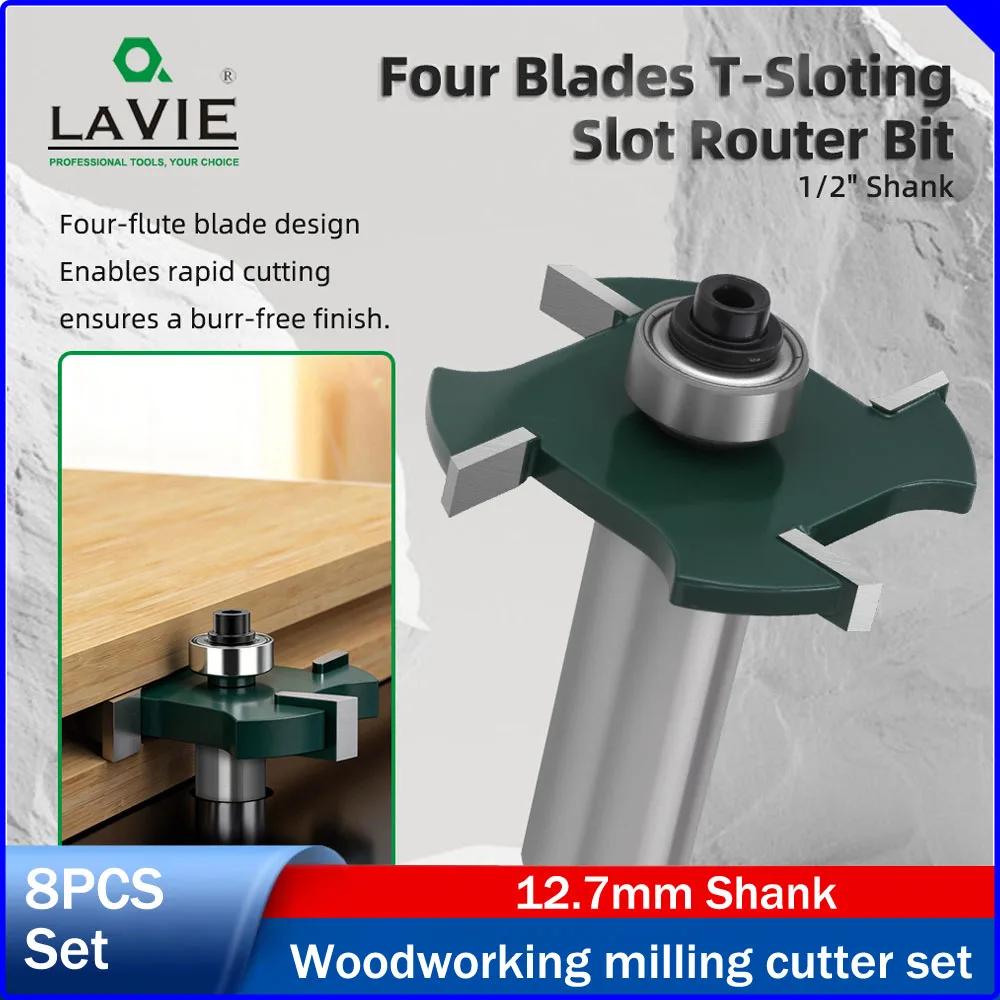

LAVIE 1/2" Shank 4-Flute Bearing T-Type Router Bit, Woodworking Grooving & Notch Cutter, Alloy Cutter Head for Trimmer