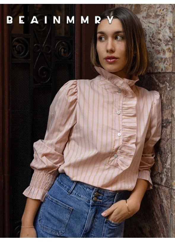 Casual Stripe Stand Collar Chic Shirts Women Fashion Single Breasted Flounce Long Sleeve Chic Tops 2025 New Female Street Shirts