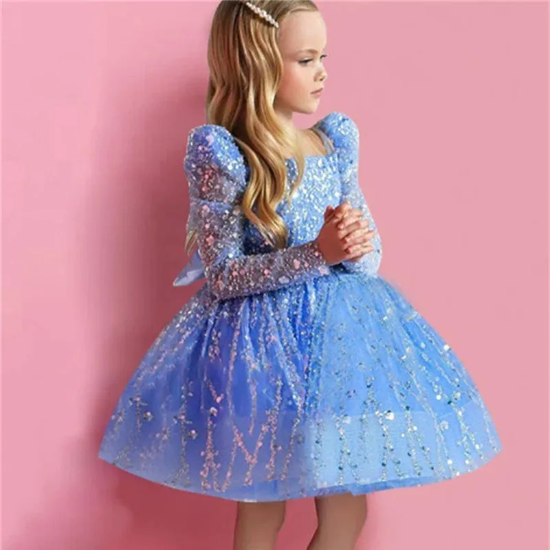 Brilho princesa lantejoulas tule vestidos da menina primeira comunhão vestidos aniversário presente de natal festa de casamento aniversário mostrar