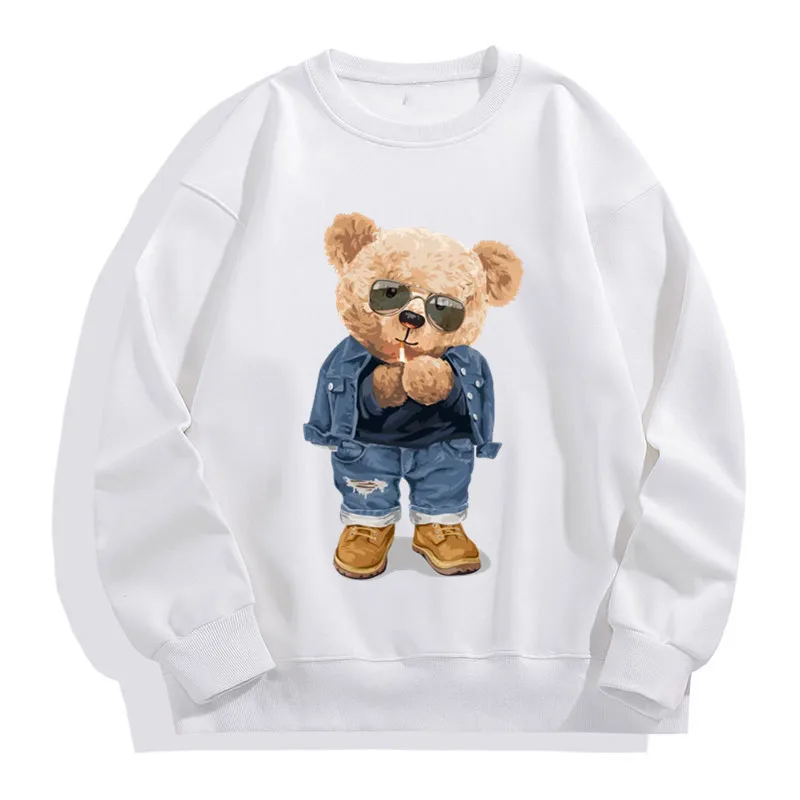 Men\'s Round Neck Pullovers Autumn Winter Outdoor Male Funny Pose Teddy Bear Pattern Print Sweatshirts Fashion Casual Pullover