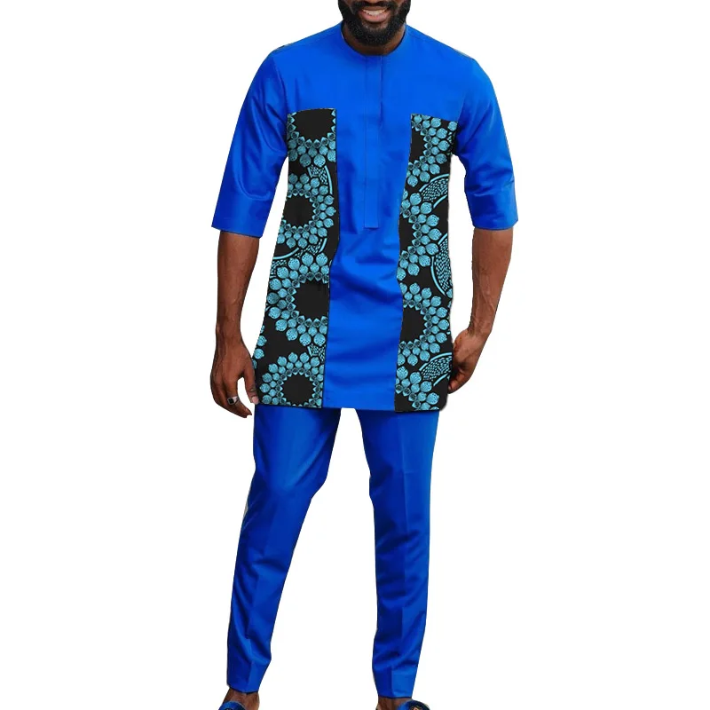 

African Design Couture Men’s Blue Set 1/2 Sleeve Patchwork Top Mixed Solid Pant Traditional Print Party Wear