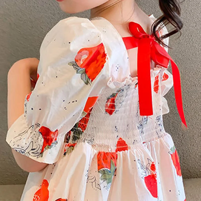 Summer Clothes Square Collar Folds Short Sleeve A-line Skirt Sweet Back Bandage Design Strawberry Print Princess Dress for Girls