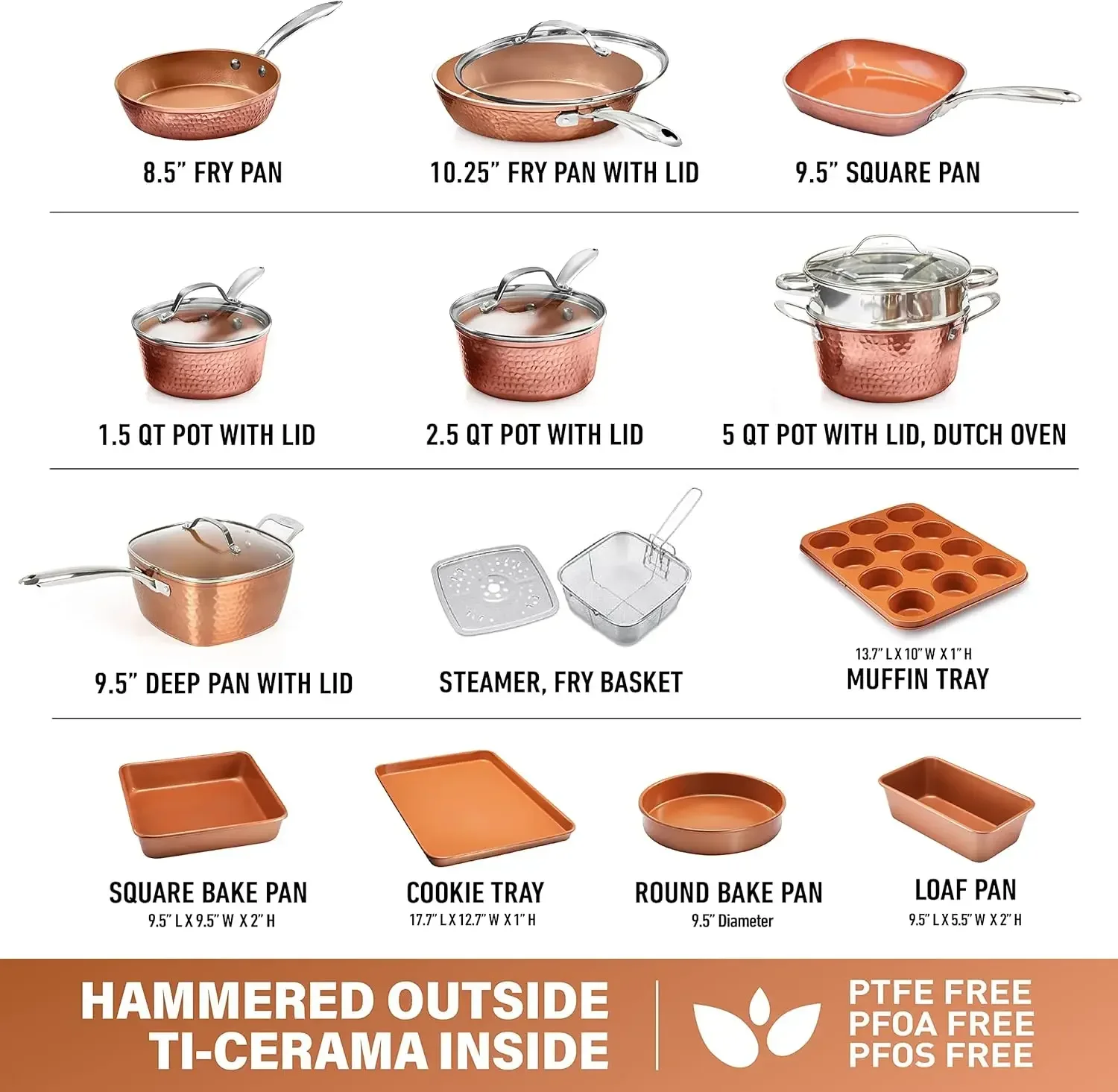 Hammered Copper Collection – 20 Piece Premium Pots and Pans Set Nonstick Ceramic Cookware + Bakeware Set for Kitchen, Induction