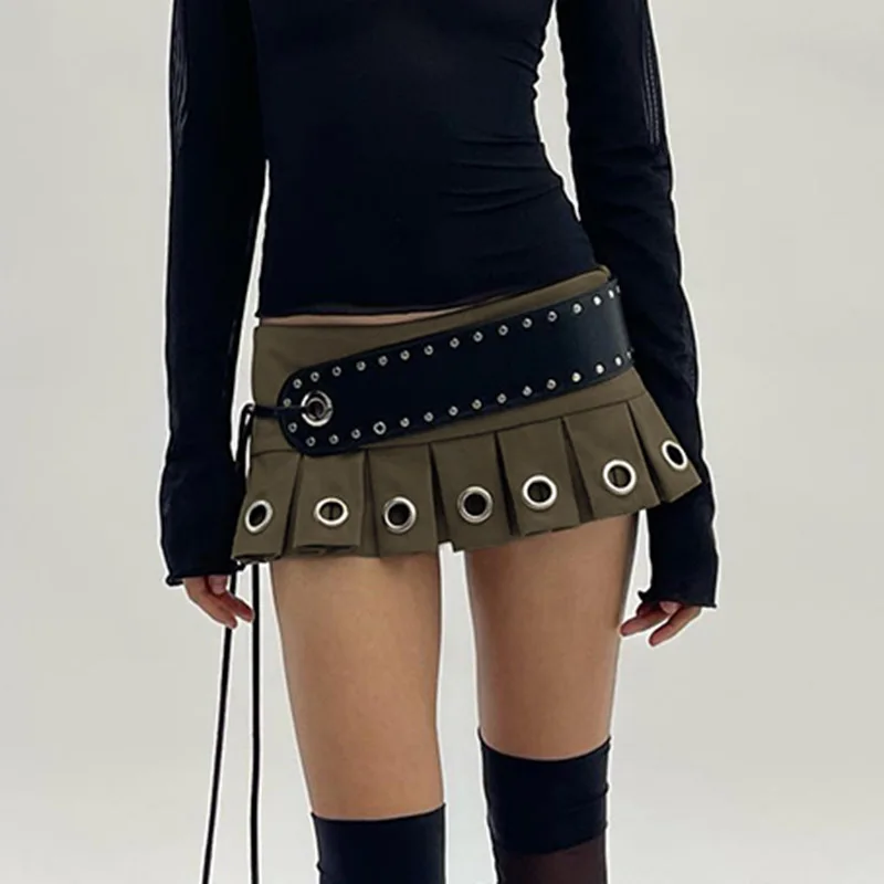 Y2k Punk Lace Up Leather Belt  Fashion Sexy Mini Short Skirt with PU Belt Spicy Girl Pleated Skirt Waistband