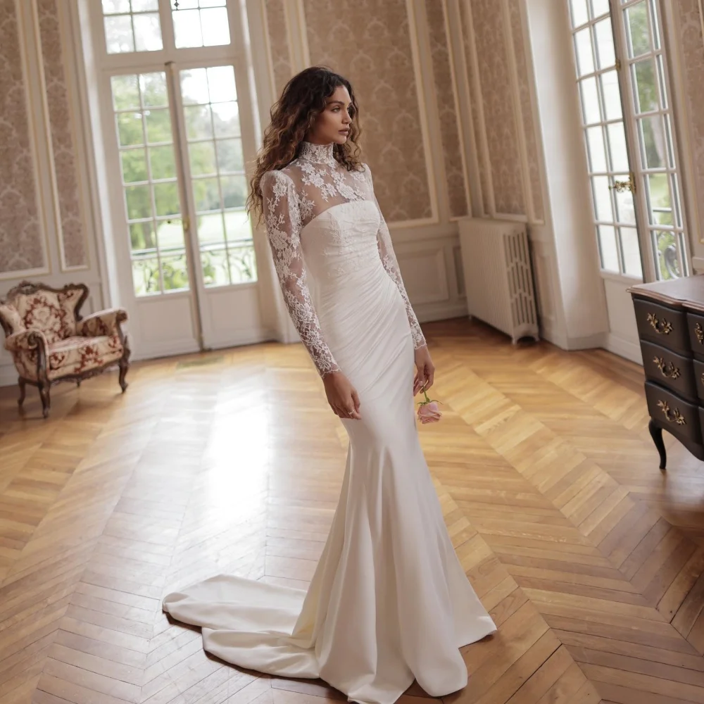 

High-neck Lace Applique Wedding Dress Sexy Zipper Bridal Dress Charming Long Sleeve Bridal Gown Vestidos De Novia Customized