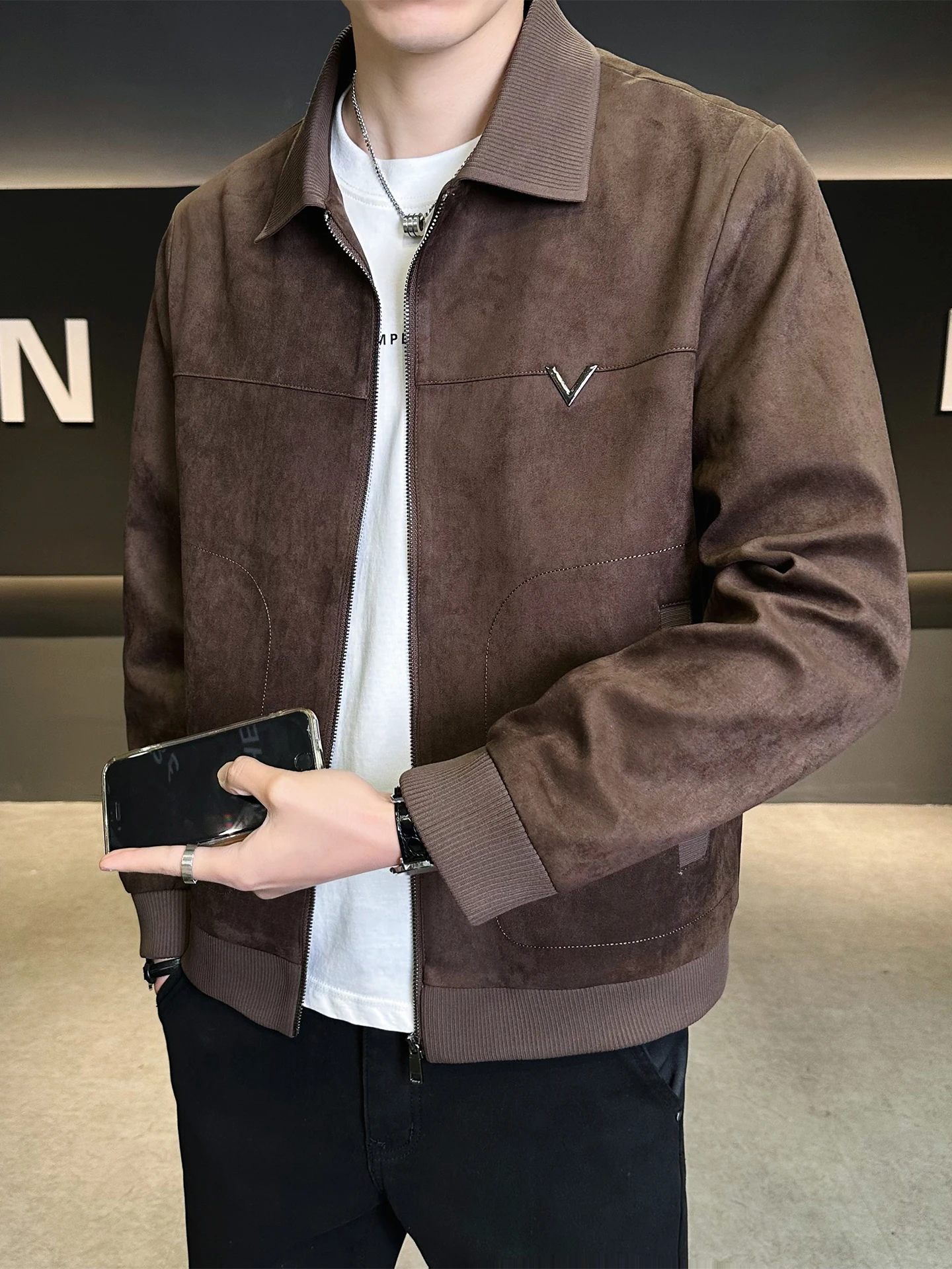 

Men's Casual Sle Faux Leather Velvet Jaet Spring Autumn Faion Brand High-End Feeling Cool Haome Leisure Coat