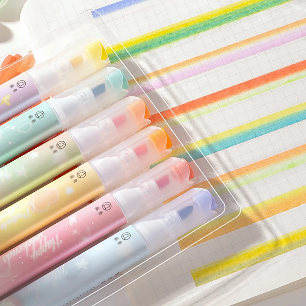 6 قطع من أقلام الفلورسنت ذات الرأس المزدوج مع ألوان متداخلة، تستخدم الطلاب سعة كبيرة لعلامة النقاط الرئيسية بقلم محمول #4