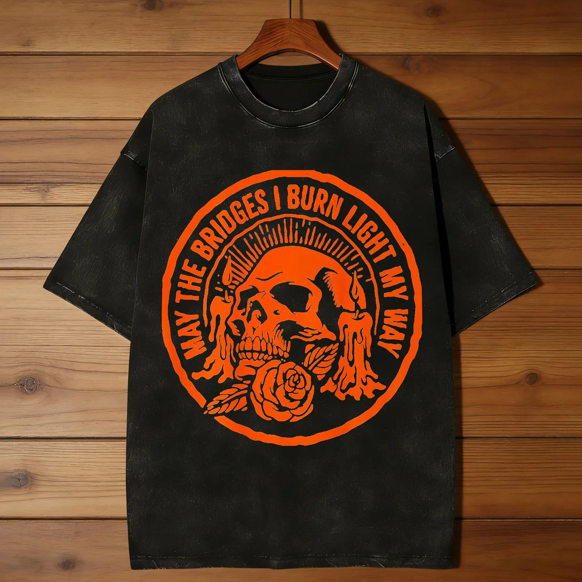 May The Bridges I Burn Light My Way Skull Gothic On Back Washed T-Shirt Male Summer O Neck Trendy Cool Tees Oversized Clothes