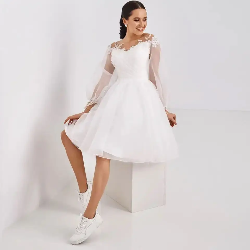 Personalizado colher uma linha vestido de casamento curto personalizado na altura do joelho mangas compridas renda vestido de noiva pequeno vestido branco volta rendas-up