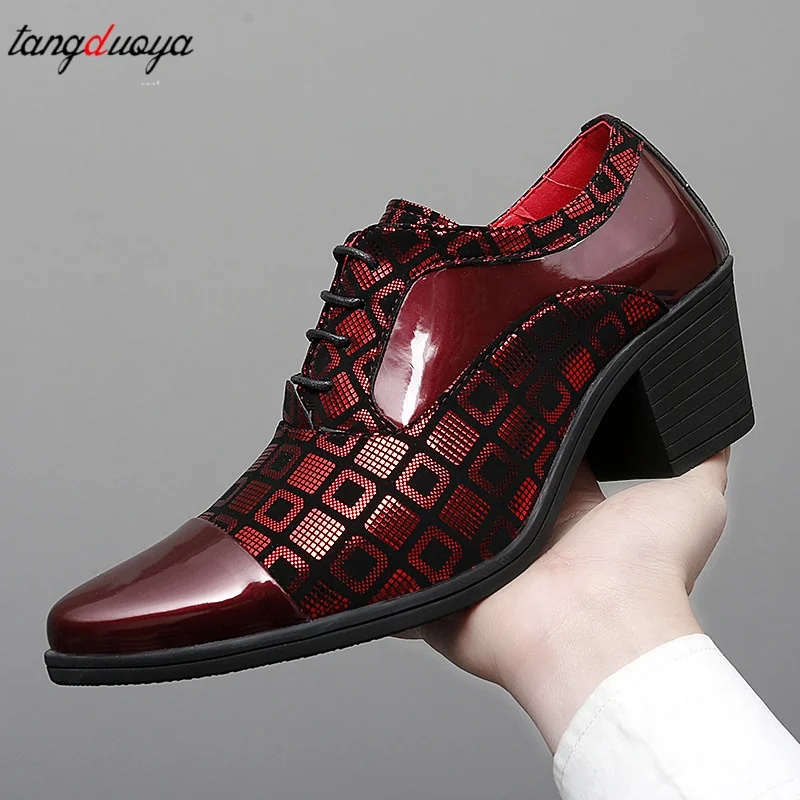 New Rubber-sole men dance shoes Pointed Lace-up Leather Shoes Men Fashion High Heels Increase Business Dress Wedding Casual Shoe