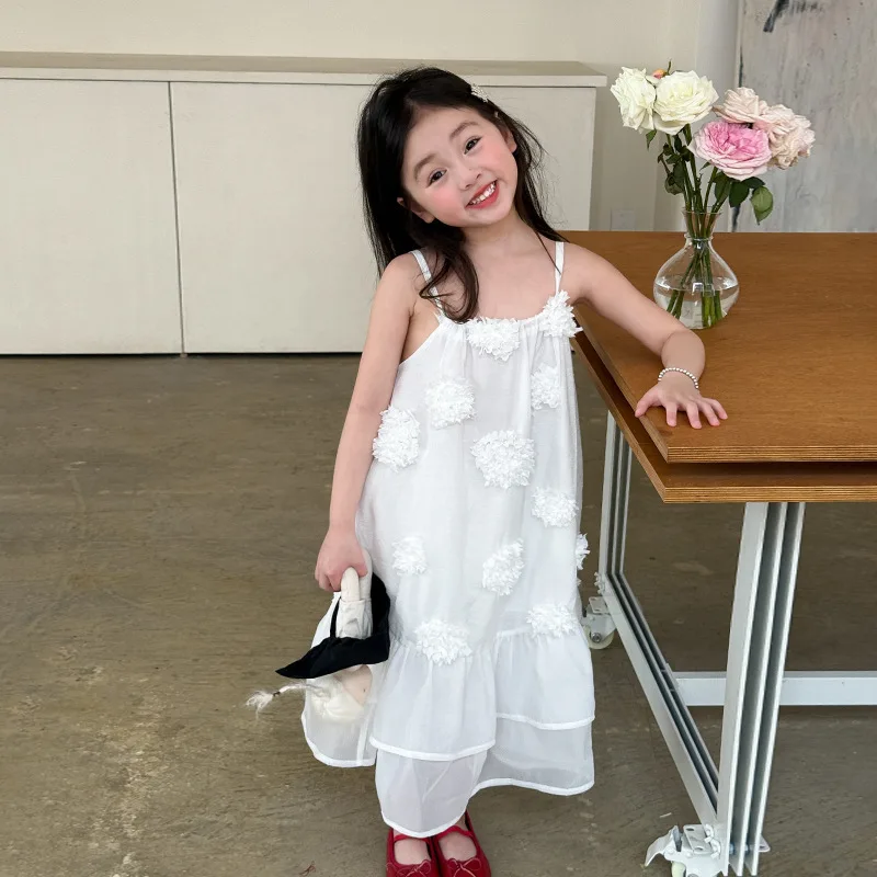 กระโปรงเด็กผู้หญิง 2025 ฤดูร้อนเสื้อผ้าเด็กใหม่สไตล์เกาหลีเด็กผู้หญิงสามมิติดอกไม้ชุดลําลองเรียบง่ายทุกวัน