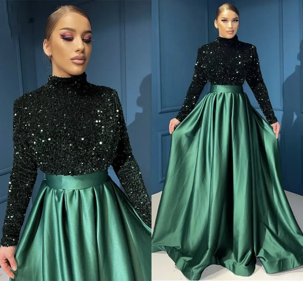 Green Muslim Evening Night Dress for Women Long Sleeves High Neck Aline Sequin Velvet Formal Prom Party Gowns Vestidos De Longo