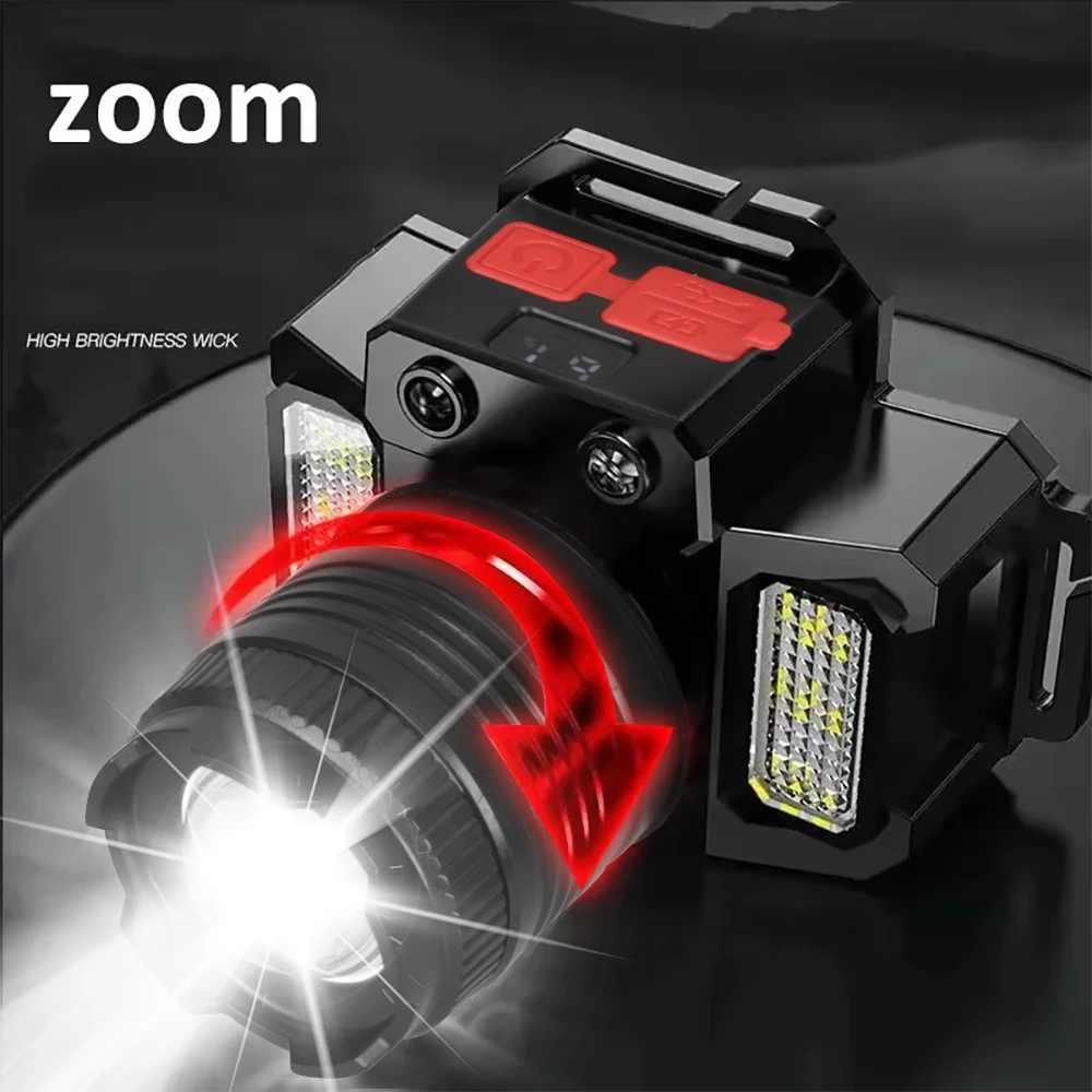 LED Sensing Sensor Headlight USB Rechargeable Intelligent Display Strong Light Outdoor Waterproof Camping Searchlight Flashlight